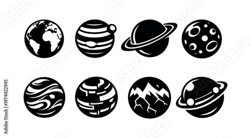 Black and white silhouette icons of planets and celestial bodies vector illustration