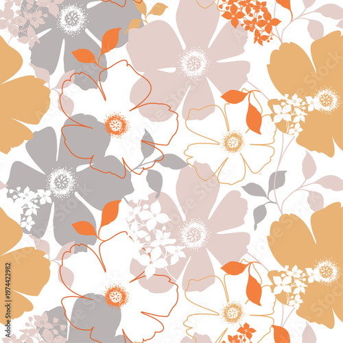 fleurs graphiques oranges, grises, roses, ocre en all-over