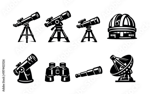 Telescope and observatory elements, black and white vector silhouette set, astronomy and science icons