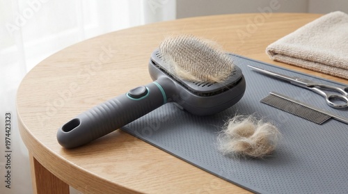 Pet grooming brush with fur on wooden table with grooming tools and a towel