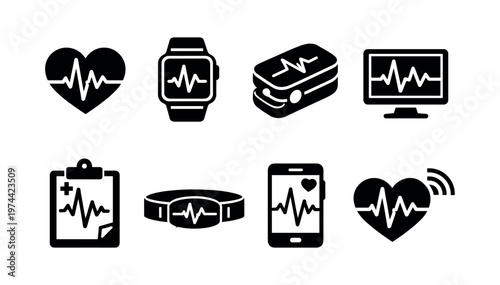 Medical heartbeat icons set, health monitoring devices illustration, black and white silhouette