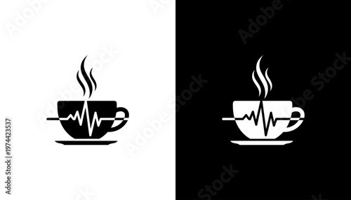 Steaming cup with heartbeat line.