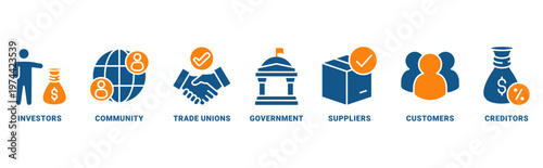 Stakeholder relationship icon set wih icon of community, trade unions, suppliers, and customers 