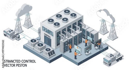 Isometric Data Center with Cloud Connection and Server Racks.