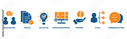 Meeting icon set vector concept with icon of discussion, topics, solutions, video conference, inform, plan, communication