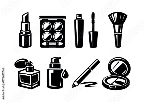 Black and white vector illustration of makeup and beauty products silhouette including lipstick mascara and brush
