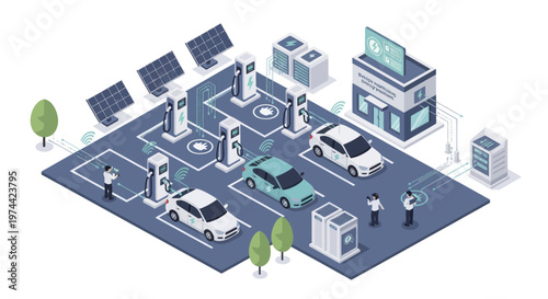 Isometric Electric Vehicle Charging Station with Solar Panels.