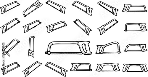 Black  White Line Art Hand Saws Collection. Various construction and woodworking tools for DIY, carpentry, and repair projects. Outline icons.