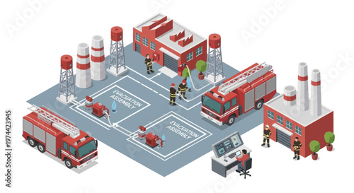 Isometric Fire Station and Emergency Response Scene with Firefighters and Vehicles.