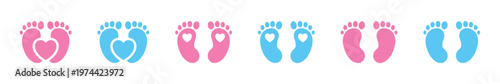 Baby footprints with heart motif in pink and blue silhouette style decorative elements