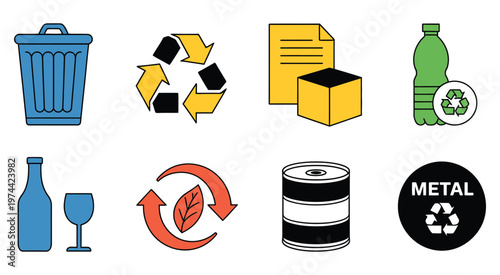 a collection of colorful icons for waste management and recycling, playful minimal icon pack featuring paper, plastic, glass, and metal bins, ideal for educational materials, digital apps