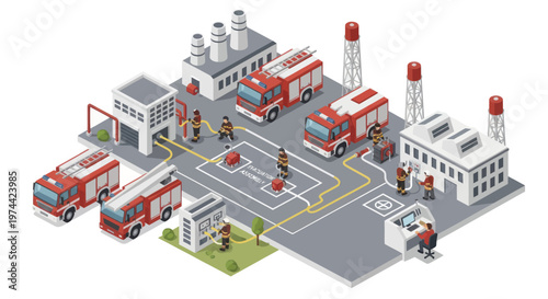 Isometric Fire Station and Industrial Area with Firefighters and Trucks.