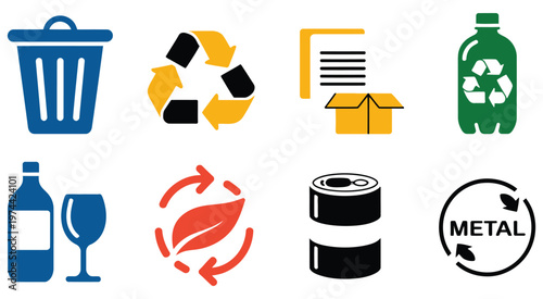 a collection of colorful icons for waste management and recycling, playful minimal icon pack featuring paper, plastic, glass, and metal bins, ideal for educational materials, digital apps