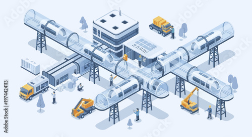 Isometric Future Transportation Hub with Elevated Trains and Construction.