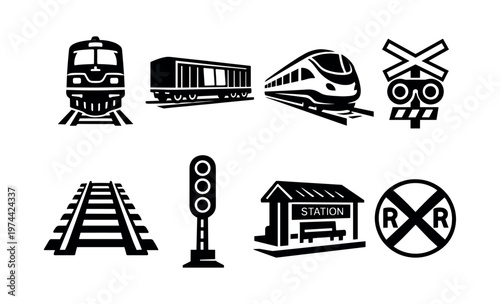 Black and white train transportation icons including rail, locomotive, station, and railroad crossing symbols