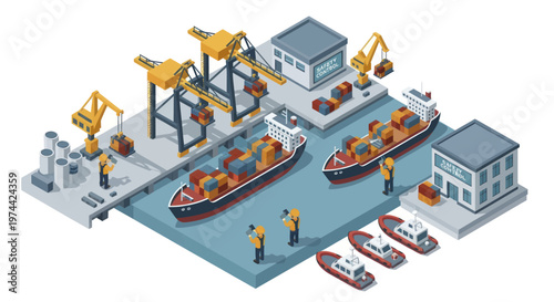 Isometric illustration of a bustling cargo port with ships and cranes.