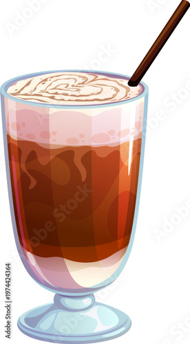 Coffee and dessert drink, isolated cartoon vector chocolate milkshake in a tall glass with a swirl of whipped cream on top and a brown straw. Creamy and indulgent beverage with layers and froth
