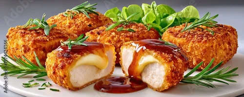 Panel kuchenny z motywem Crispy breaded chicken nuggets cut in half with melted cheese and rich dipping sauce on plate