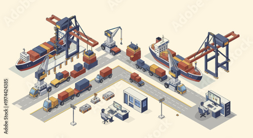 Isometric illustration of a bustling cargo port with ships, trucks, and cranes.