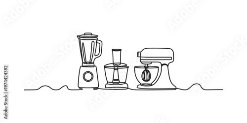 A single continuous line drawing featuring a blender, a food processor, and a stand mixer setup. Vector, illustration