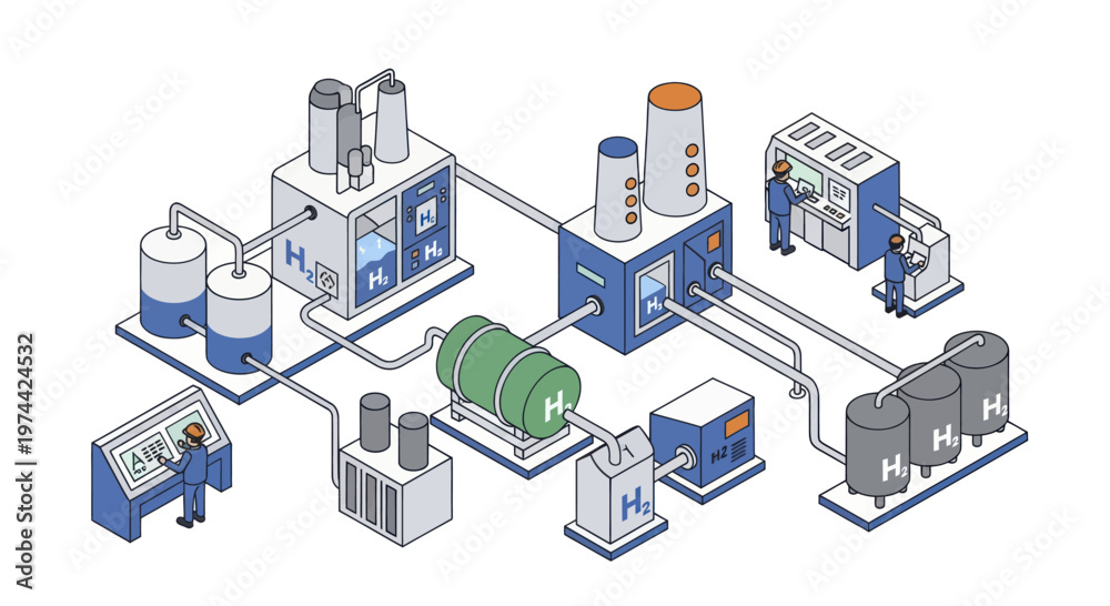 Fototapeta premium Isometric illustration of a complex industrial facility with various interconnected machines and tanks.
