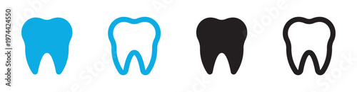 Tooth icon set featuring flat vector silhouettes in blue and black dental symbols