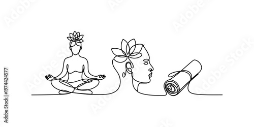Continuous line drawing of a person meditating in lotus position with a yoga mat and flower icon Vector, illustration