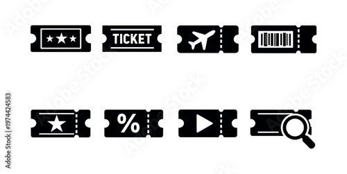 Black and white ticket icon set with travel and entertainment themes in vector style