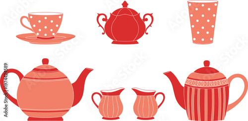 Teapot and Cup Vector Collection with Polka Dot and Patterned Tea Set Illustrations for Kitchen Drinkware Design and Beverage Serving Concepts
