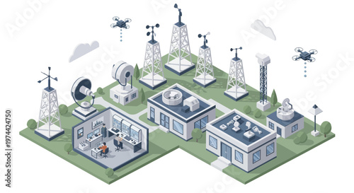 Isometric illustration of a comprehensive weather station with various instruments and buildings.