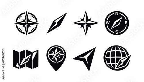 Vector compass logo set featuring navigation icons black and white directional silhouettes