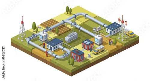 Isometric illustration of a gas pipeline network across a rural landscape.