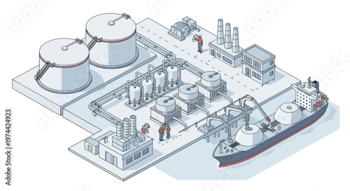Isometric illustration of a large industrial complex with storage tanks, factories, and a cargo ship at a dock.