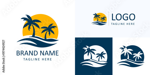 sunrise luxury waterfront palm tree island wave logo tropical beach branding