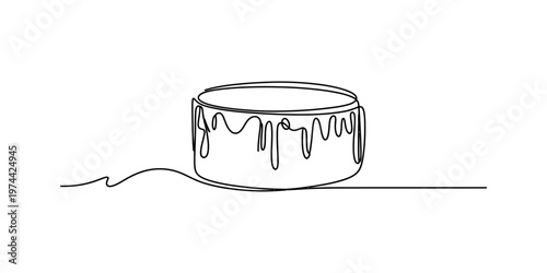 A single continuous line drawing of a round cake with icing dripping down the sides of the dessert Vector, illustration