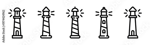 Set of minimalist lighthouse icons, nautical themed, simple line art, vector illustration