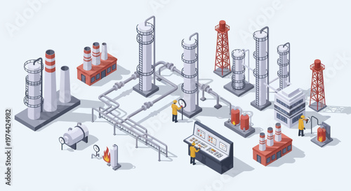 Isometric illustration of a large-scale industrial oil refinery or chemical plant with various structures and workers.