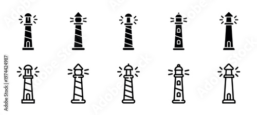 Black and white lighthouse icons set, nautical themed silhouette illustrations, vector clipart
