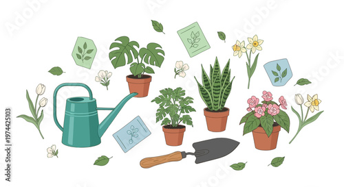 Flat vector illustration showcasing elements of a home garden lifestyle, including potted plants like monstera and daffodils, gardening tools, and seed packets, conveying a fresh spring