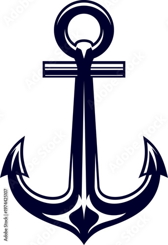 Black silhouette of ship anchor with classic fluke and shank. Nautical maritime symbol with strong shape and clean lines. Vector element for sea transport. Navy, marine icon, vintage sailing object