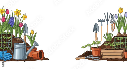 Vector illustration showing spring gardening tools and flowers arranged on either side, creating a vibrant and colorful border against a white background, evoking a cheerful and optimistic