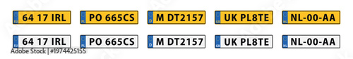European style license plates set with various country codes, vehicle identification, flat vector illustration