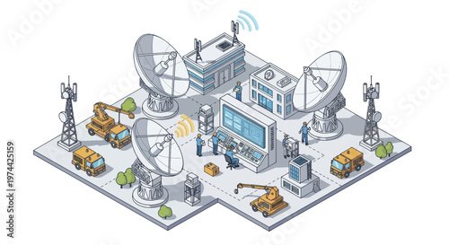 Isometric illustration of a modern satellite communication ground station with multiple dishes and control center.