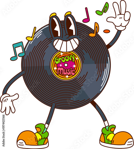 Cartoon retro vinyl record groovy funky character with melody notes, embodying the soulful vibe of classic music. Isolated vector vintage musical mascot personage radiating nostalgia and playful tunes