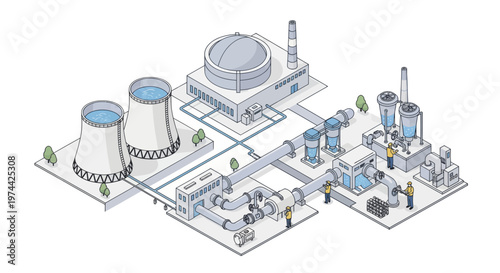 Isometric illustration of a nuclear power plant with cooling towers and industrial facilities.