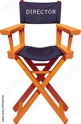 Cartoon director chair with wooden frame and black canvas seat and backrest. Isolated vector movie cinema object, equipment for film production. Theatrical prop, furniture item for filmmaking crew