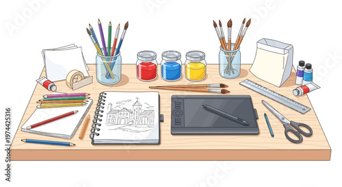 Overhead shot of an artist's workspace featuring colorful paint jars, drawing tools, and a sketchpad with a building illustration, conveying a creative mood on a wooden surface with various