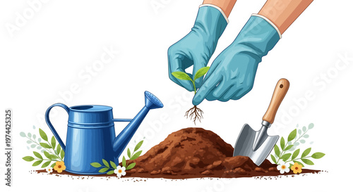 Illustrated vector design showing a person in blue gloves planting a small seedling near a mound of soil, a blue watering can, and a trowel against a bright white background, depicting