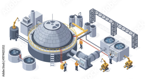 Isometric illustration of a nuclear power plant with workers.