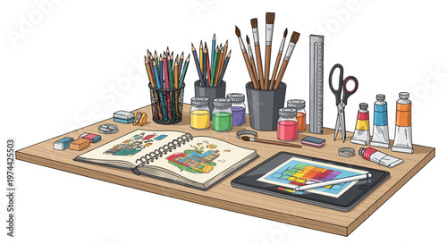 Overhead shot showing World Art Day creativity, with colorful art supplies such as paint brushes, pencils, and an open sketchbook arranged on a wooden table, conveying a vibrant